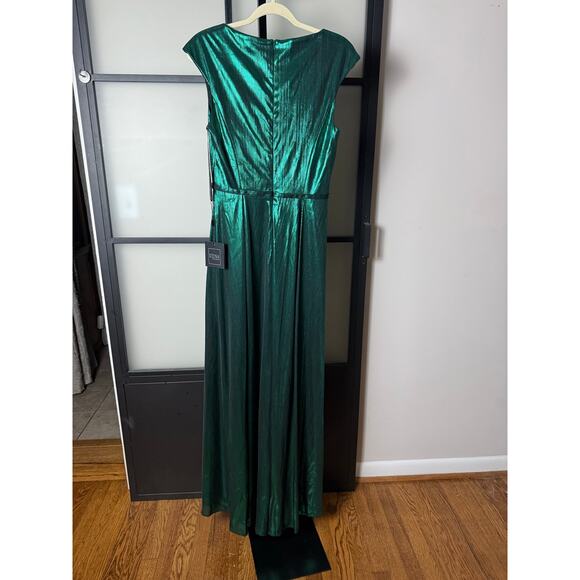 NWT Ieena for Mac Duggal Green Cap Sleeve Deep V Neck High Slit Metallic Gown 4 - Picture 3 of 9